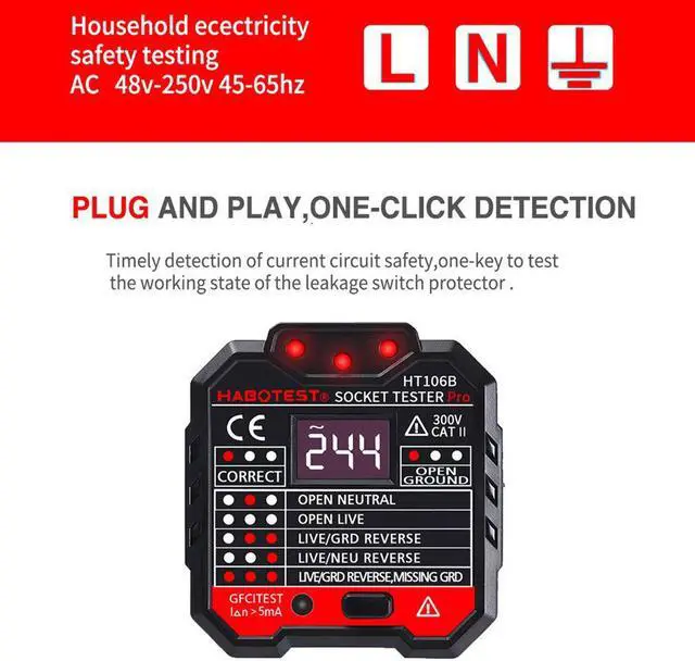 Alt view image 5 of 7 - AUTENS GFCI Outlet Tester, Socket Detector 48-250V Automatic Electric Power Circuit Polarity Voltage Detector Plug In Wall Breaker Finder Leakage Test With LED Voltage Display Screen
