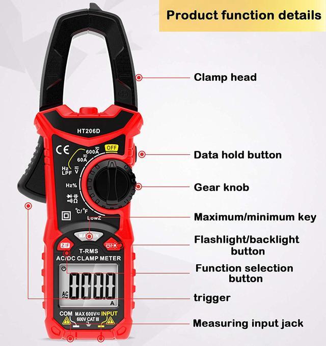 Alt view image 2 of 7 - AC/DC Digital Clamp Meter 6000 Counts True RMS Auto Range NCV AC DC Current Voltage Resistance Capacitance Frequency Diode Temperature Measure Tester, Backlight LCD Display Flashlight