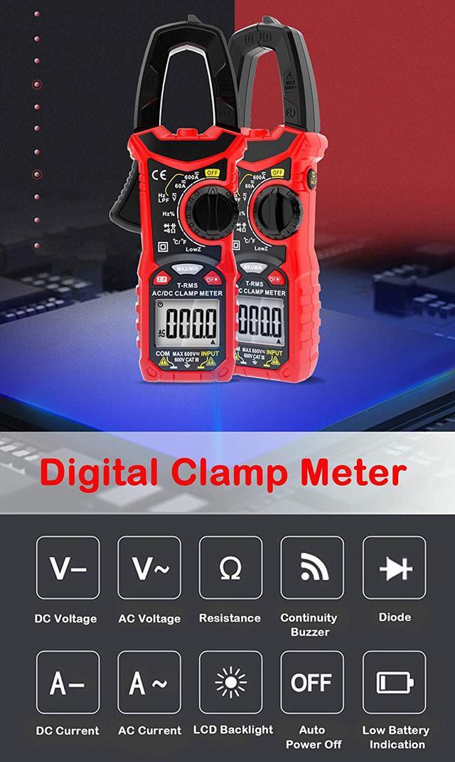 Alt view image 4 of 7 - AC/DC Digital Clamp Meter 6000 Counts True RMS Auto Range NCV AC DC Current Voltage Resistance Capacitance Frequency Diode Temperature Measure Tester, Backlight LCD Display Flashlight