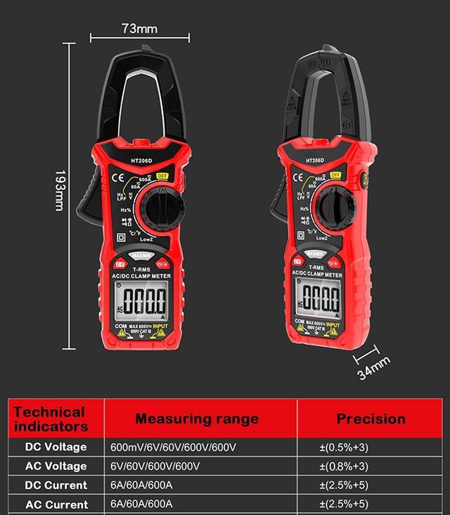 Alt view image 3 of 7 - AC/DC Digital Clamp Meter 6000 Counts True RMS Auto Range NCV AC DC Current Voltage Resistance Capacitance Frequency Diode Temperature Measure Tester, Backlight LCD Display Flashlight