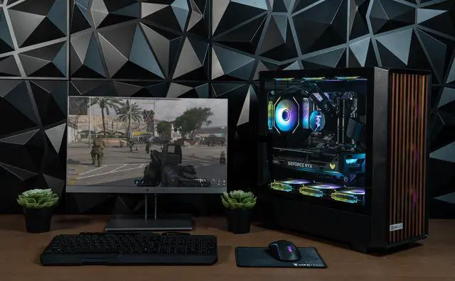 Alt view image 2 of 7 - ViprTech Overlord Liquid-Cooled Wood PC - AMD Ryzen 7 5700X (4.6Ghz Turbo), RTX 5060 Ti 8GB, 32GB DDR4 3200, 1TB NVMe SSD, Gold PSU, VR-Ready, RGB Keyboard Mouse, WiFi BT Win 11, Gaming Computer Black