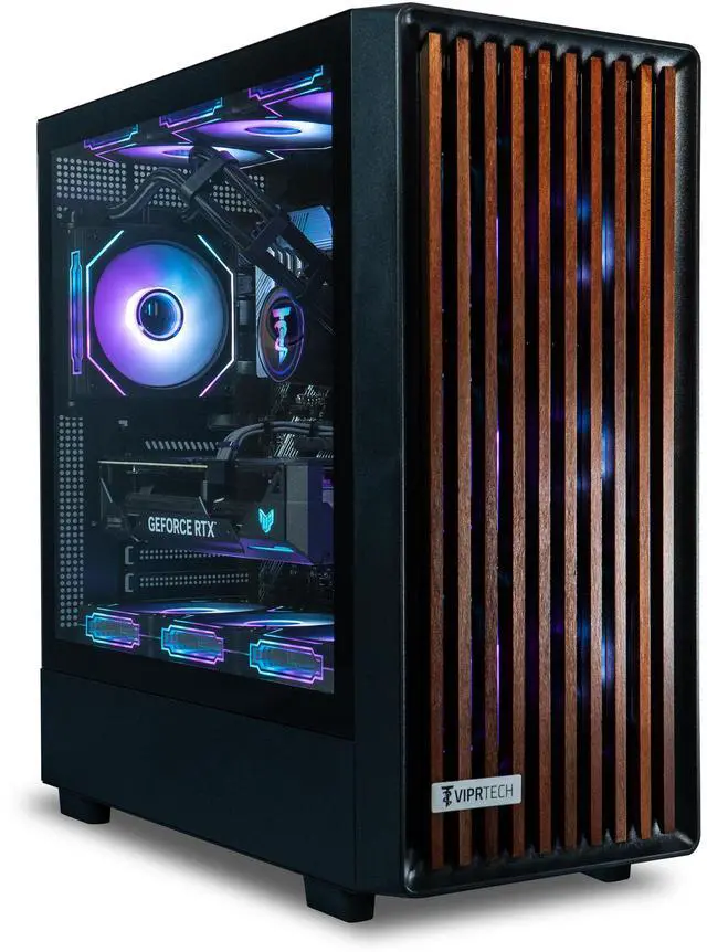 Alt view image 4 of 7 - ViprTech Overlord Liquid-Cooled Wood PC - AMD Ryzen 7 5700X (4.6Ghz Turbo), RTX 5060 Ti 8GB, 32GB DDR4 3200, 1TB NVMe SSD, Gold PSU, VR-Ready, RGB Keyboard Mouse, WiFi BT Win 11, Gaming Computer Black