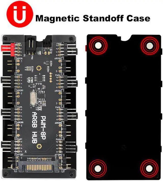 Alt view image 2 of 5 - 5V RGB AURA Controller & PWM Magnetic Hub 8 Ports ARGB RGBW Wireless IR Remote & 12V 4Pin Fan Splitter PMMA Case Extension Cable