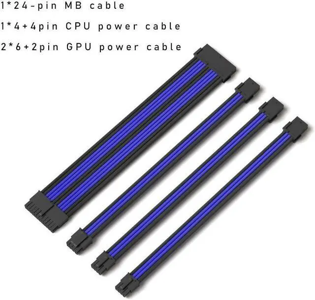 Main image of Mod Sleeved Cable, Black & Blue Power Supply Cable Extension Kit, 24PIN ATX, 4+4 PIN EPS, Dual 6+2 PIN PCIE(11.81")