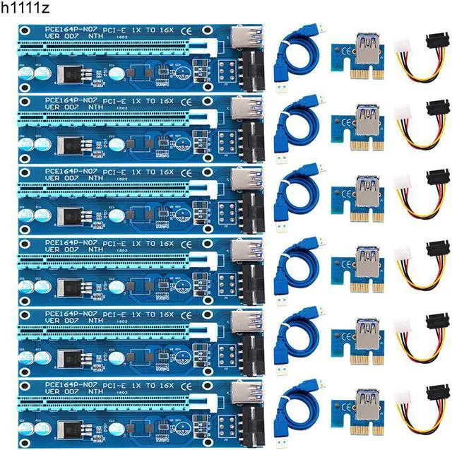 Main image of 6PCS Riser VER 007 PCI-E Riser Card PCIE 1x to 16x Extender 60CM USB 3.0 Cable SATA to 4Pin Molex Power for Bitcoin Miner Mining