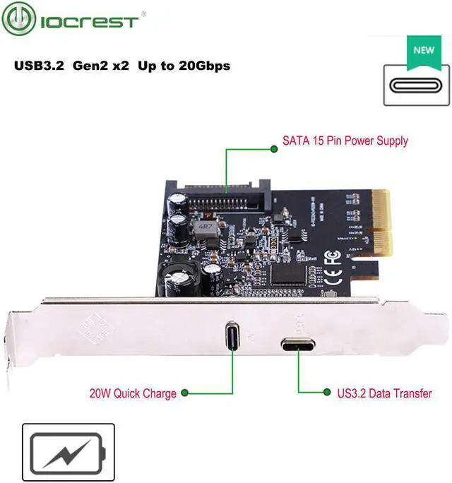 Main image of PCIE3.0 To USB3.2 Type-c 20G Data Transfer and 20W Quick Charge USB-C controller Card