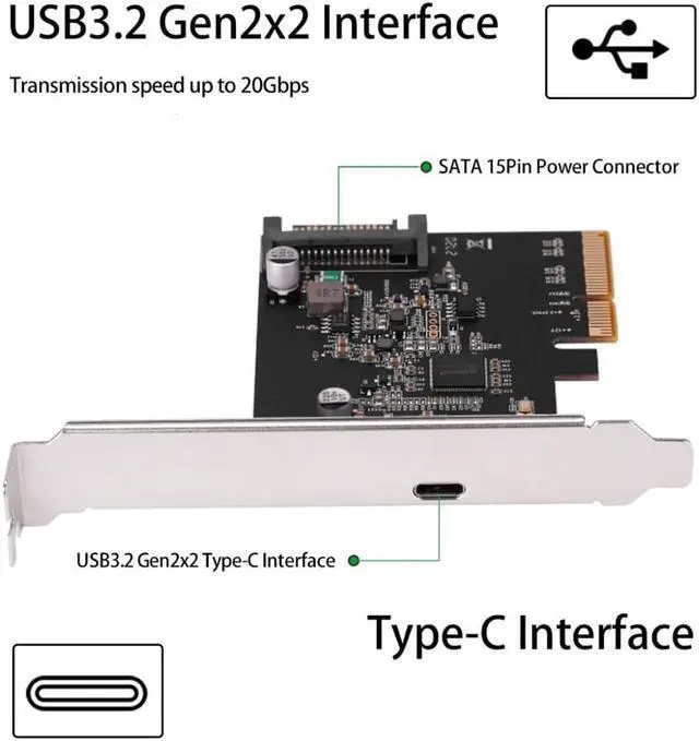 Alt view image 6 of 6 - PCIE3.0 To USB3.2 Type-c 20G Data Transfer and 20W Quick Charge USB-C controller Card