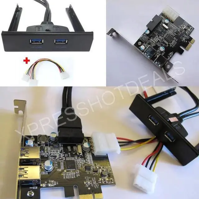 Main image of 2 Ports PCI-E PCI Express USB 3.0 Card Adapter + 4 Pin Power Cable + USB 3.0 Front Panel