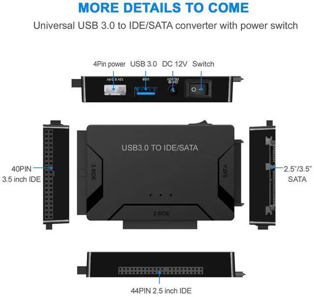 Alt view image 2 of 7 - STANSTAR USB 3.0 to IDE/SATA Converter Hard Drive Adapter with Power Switch for 2.5"/3.5" SATA HDD/SSD & IDE HDD Drives Optical Drive, Support 5TB, Include 12V 2A Power Adapter & USB 3.0 Cable