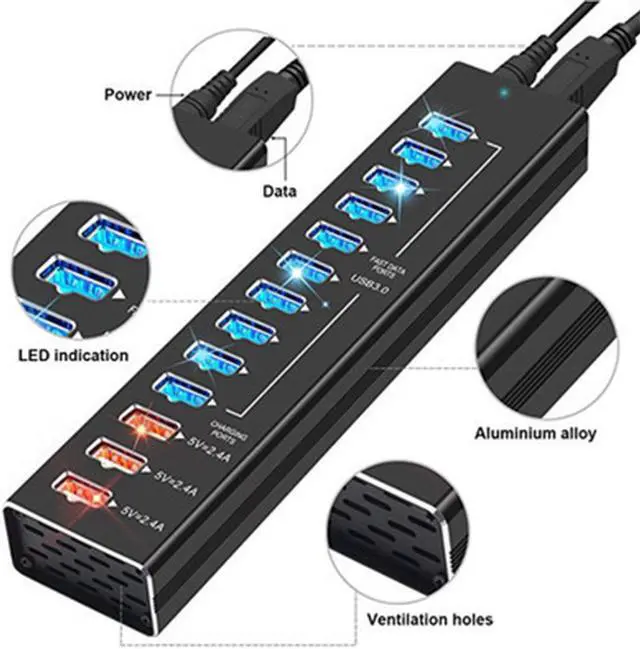 Alt view image 2 of 7 - STANSTAR USB Hub, All Aluminum Alloy 13 Port Hub with 3 Port Smart Fast Charge Super High Speed USB3.0 Interface Plug and Play
