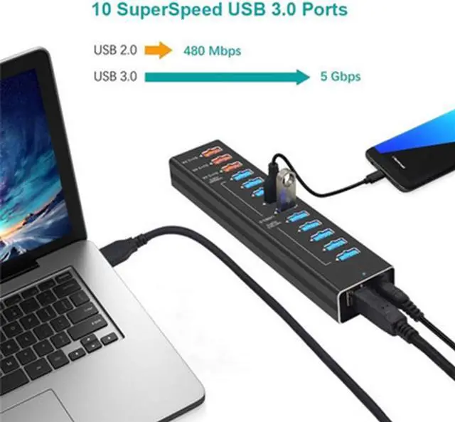 Alt view image 5 of 7 - STANSTAR USB Hub, All Aluminum Alloy 13 Port Hub with 3 Port Smart Fast Charge Super High Speed USB3.0 Interface Plug and Play