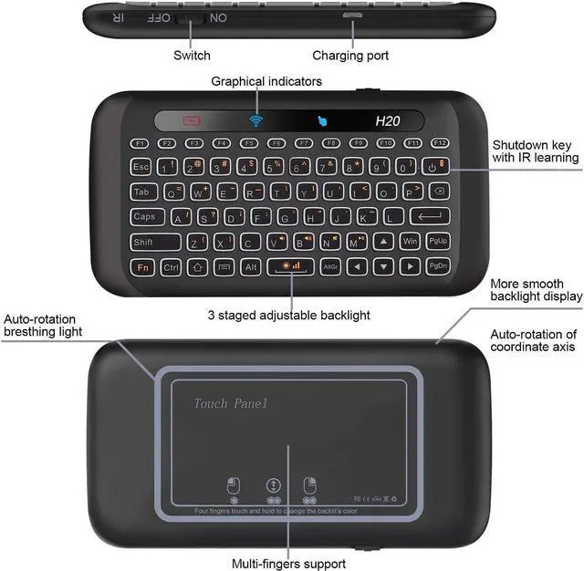 Alt view image 4 of 7 - STANSTAR 2.4Ghz H20 Mini Wireless Keyboard and Touchpad Mouse Combo,7 Colors Adjustable, Rechargeable Auto-Rotation of Touch Panel Handheld Remote Control for Android TV Box, Projector, IPTV, HTPC, PC