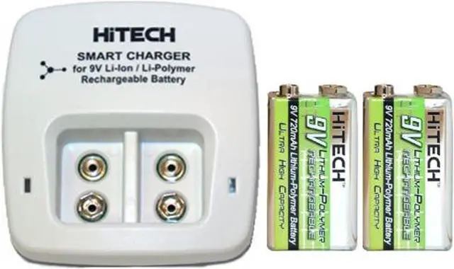Main image of 2 Bay 9 Volt Li-ion /  Li-Po Smart Charger + 2 x HiTech 9 Volt Lithium Polymer Batteries (720 mAh)