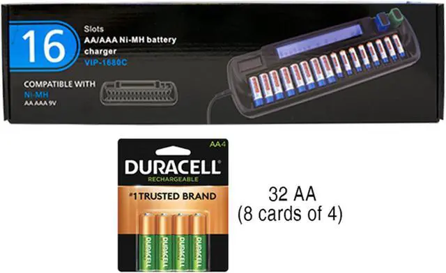 Main image of 16 Bay AA / AAA LCD Battery Charger + 32 AA 2500 mAh Duracell NiMH Batteries