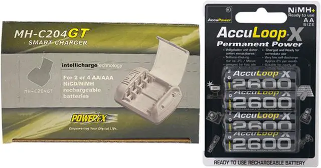 Main image of Powerex MH-C204GT AA / AAA Smart Battery Charger & 4 AA NiMH AccuPower AccuLoop-X Rechargeable Batteries (2600 mAh)