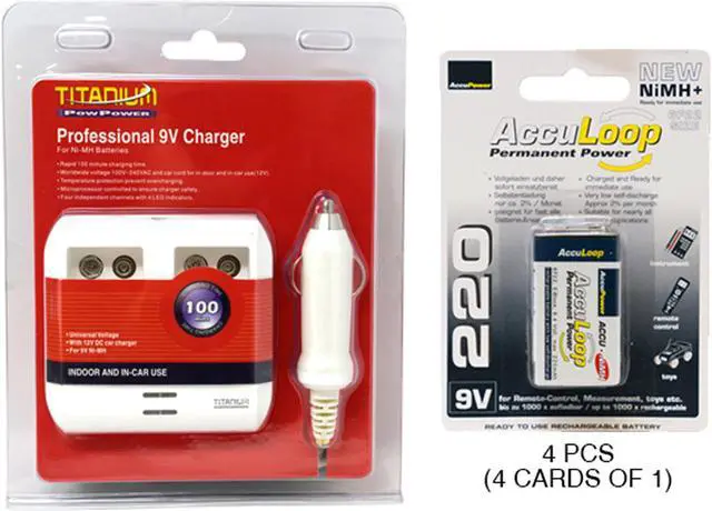 Main image of 4 Bay 9 Volt Smart Charger + 4 x 9 Volt AccuLoop NiMH Batteries (220 mAh)