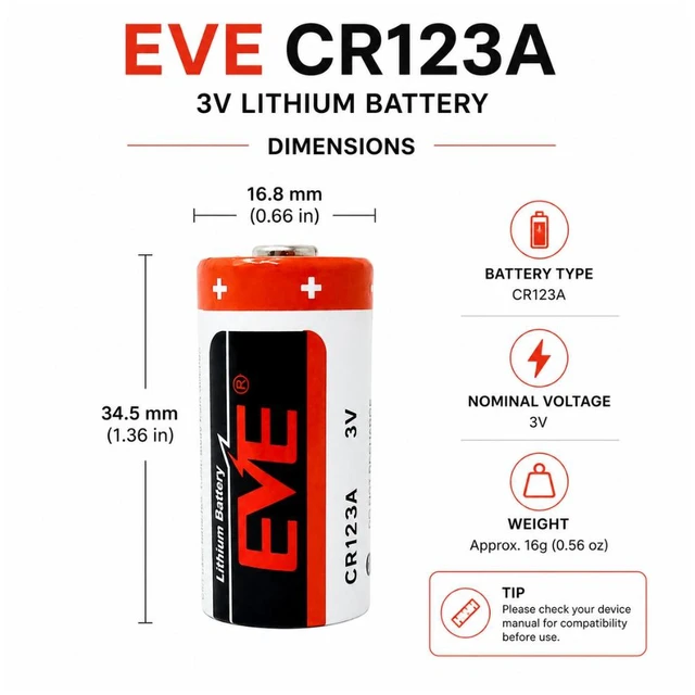 Alt view image 2 of 4 - EVE CR123 3V 1450mAh Lithium Batteries, CR123A CR17345, 8-Pack