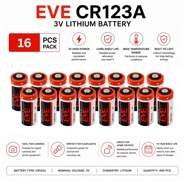 Alt view image 2 of 5 - EVE CR123 3V 1450mAh Lithium Batteries, CR123A CR17345, 16-Pack