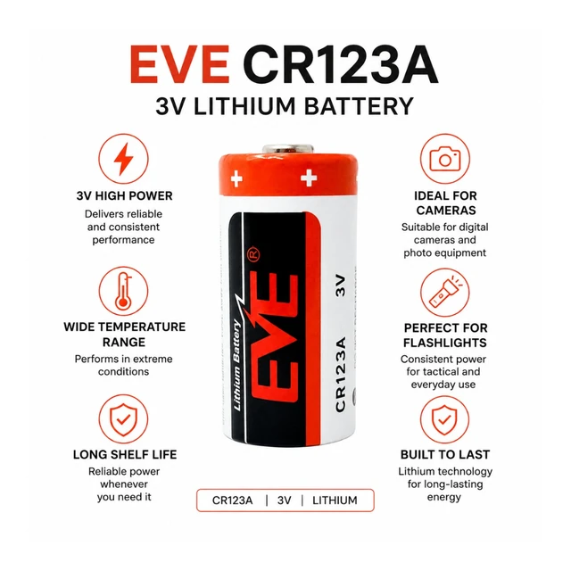 Alt view image 3 of 5 - EVE CR123 3V 1450mAh Lithium Batteries, CR123A CR17345, 25-Pack