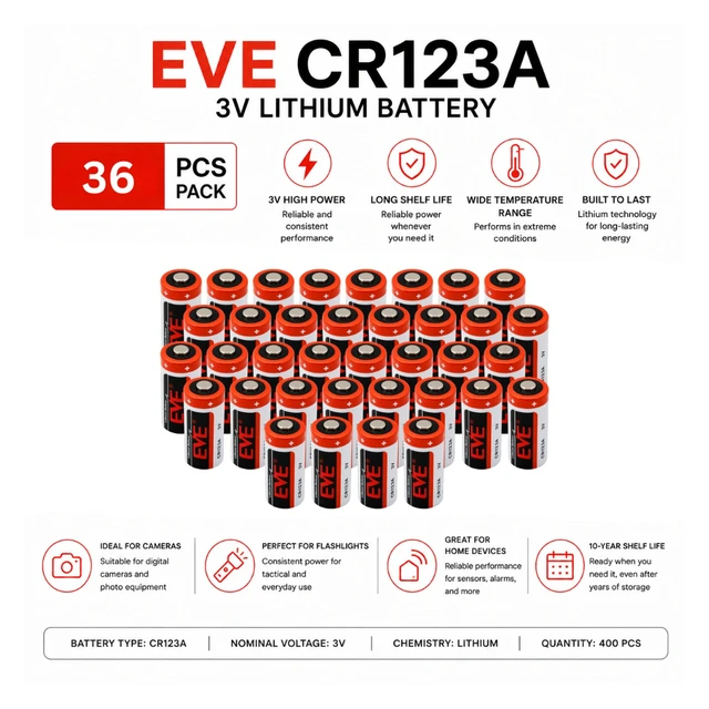 Alt view image 2 of 5 - EVE CR123 3V 1450mAh Lithium Batteries, CR123A CR17345, 36-Pack