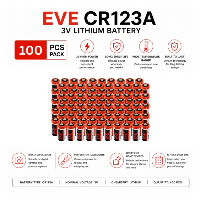 Alt view image 2 of 5 - EVE CR123 3V 1450mAh Lithium Batteries, CR123A CR17345, 100-Pack