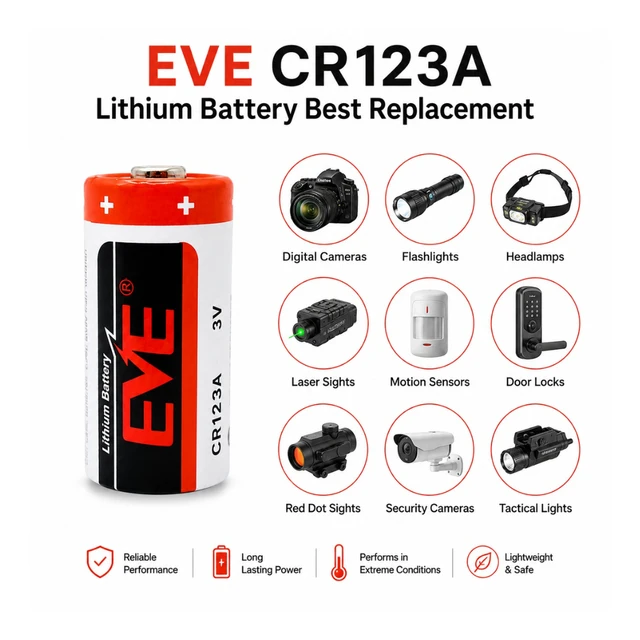 Alt view image 5 of 5 - EVE CR123 3V 1450mAh Lithium Batteries, CR123A CR17345, 100-Pack