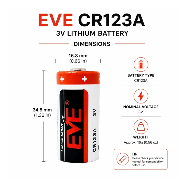 Alt view image 4 of 5 - EVE CR123 3V 1450mAh Lithium Batteries, CR123A CR17345, 50-Pack