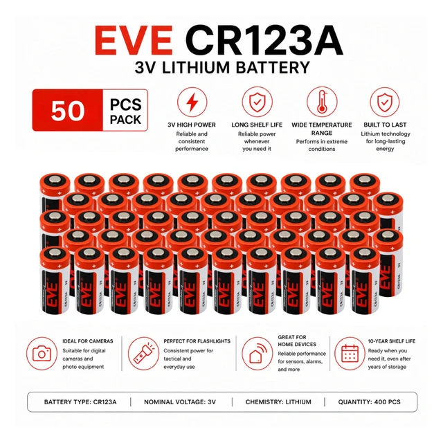 Alt view image 2 of 5 - EVE CR123 3V 1450mAh Lithium Batteries, CR123A CR17345, 50-Pack