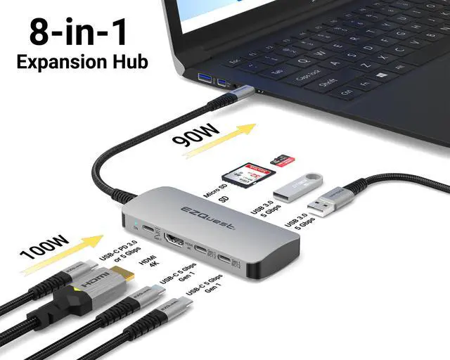 Alt view image 4 of 6 - USB-C Multimedia 8-in-1 Hub
HDMI 4K, 100 Watts USB-C Power Delivery with (FRS) or 5Gbps Data, 2 x USB-C Ports, 2 x USB-A 3.0 Ports, SD and Micro SD