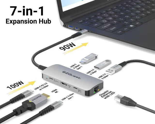 Alt view image 4 of 7 - USB-C Multimedia 7-in-1 Hub
HDMI 4K, 100 Watts USB-C Power Delivery with (FRS) or 5Gbps Data, 2 x USB-C Ports, 2 x USB-A 3.0 Ports, and Gigabit Ethernet