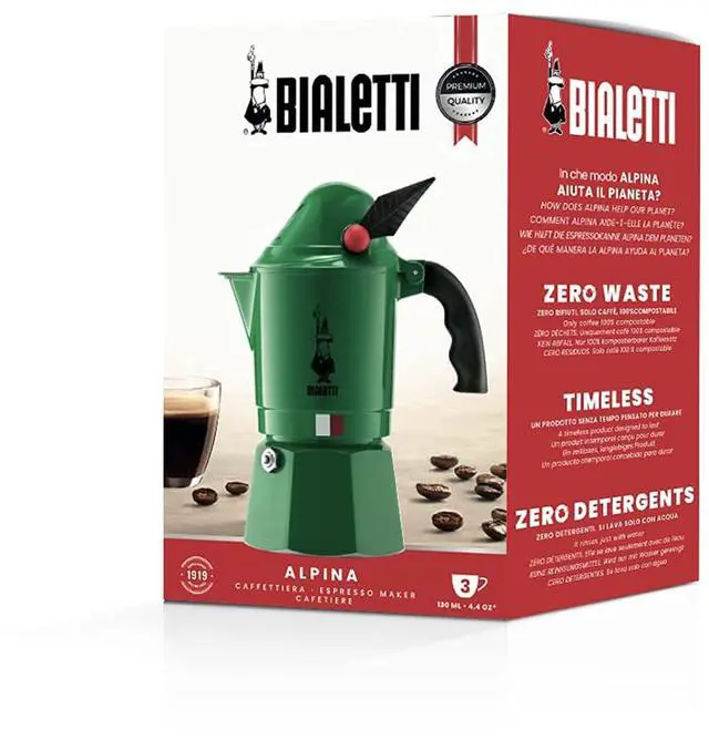 Alt view image 4 of 5 - New - Moka Express Alpina: Iconic Stovetop Espresso Maker, Moka Pot 3 Cups (4.3 Oz - 130 Ml), Aluminium, Green