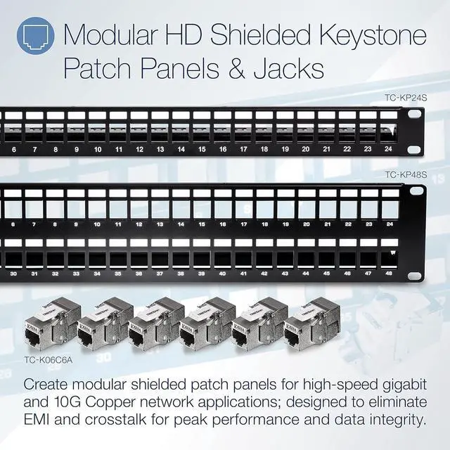 Alt view image 20 of 20 - TRENDnet 48-Port Blank Keystone Shielded 2U HD Patch Panel, TC-KP48S, 2U 19" Metal Rackmount Housing, Network Management Panel, Recommended with TC-K06C6A Cat6A Keystone Jacks (sold separately)