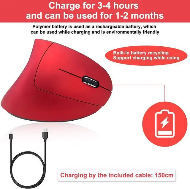 Alt view image 3 of 6 - Ergonomic Mouse, Rechargeable Wireless Mouse, 2.4Ghz Rechargeable Wireless Vertical Optical Mice With Usb Receiver, 6 Buttons, 800/1200/1600 Dpi, For Laptop, Pc, Computer (Red)
