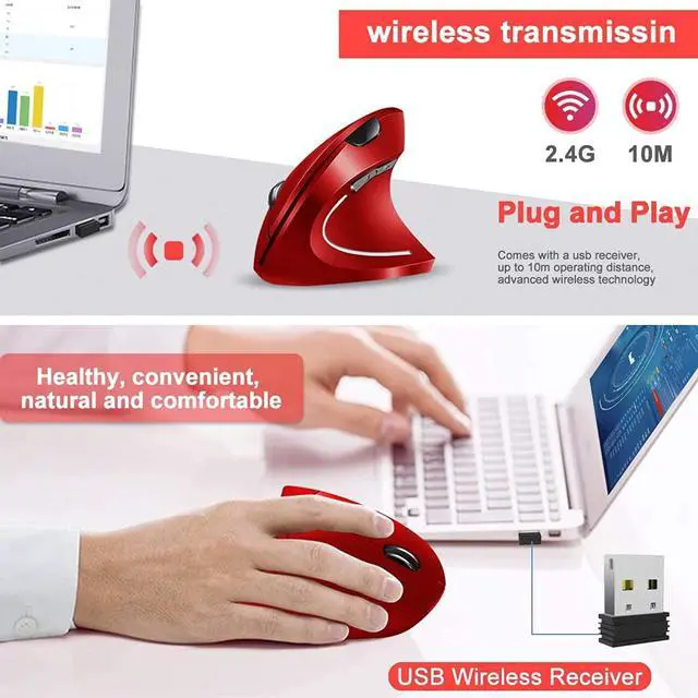 Main image of Ergonomic Mouse, Rechargeable Wireless Mouse, 2.4Ghz Rechargeable Wireless Vertical Optical Mice With Usb Receiver, 6 Buttons, 800/1200/1600 Dpi, For Laptop, Pc, Computer (Red)