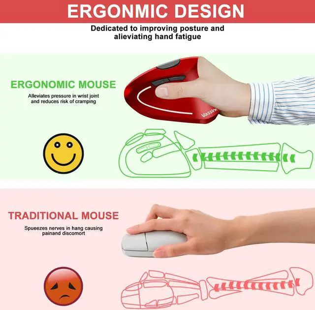 Alt view image 2 of 6 - Ergonomic Mouse, Rechargeable Wireless Mouse, 2.4Ghz Rechargeable Wireless Vertical Optical Mice With Usb Receiver, 6 Buttons, 800/1200/1600 Dpi, For Laptop, Pc, Computer (Red)