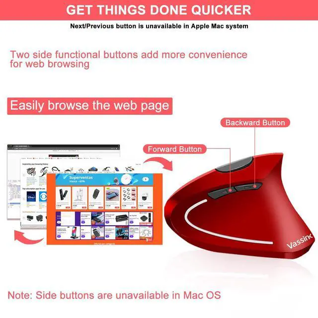 Alt view image 4 of 6 - Ergonomic Mouse, Rechargeable Wireless Mouse, 2.4Ghz Rechargeable Wireless Vertical Optical Mice With Usb Receiver, 6 Buttons, 800/1200/1600 Dpi, For Laptop, Pc, Computer (Red)