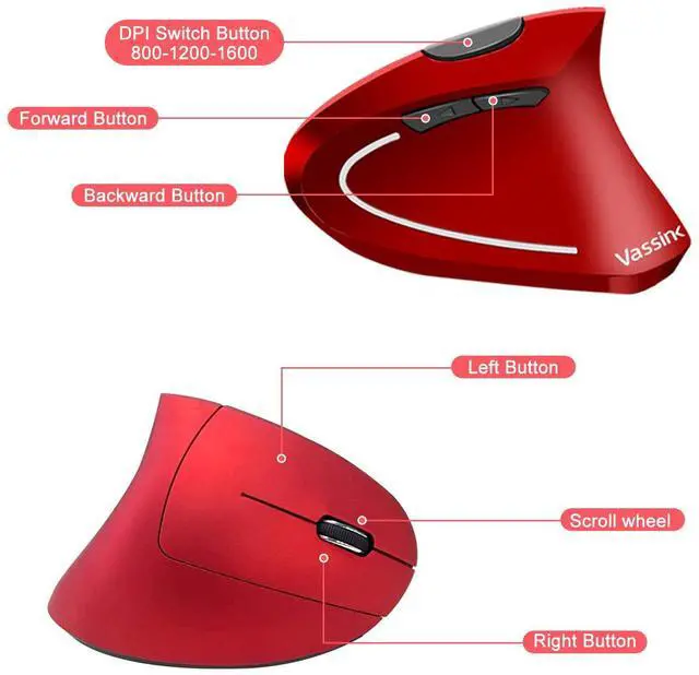 Alt view image 6 of 6 - Ergonomic Mouse, Rechargeable Wireless Mouse, 2.4Ghz Rechargeable Wireless Vertical Optical Mice With Usb Receiver, 6 Buttons, 800/1200/1600 Dpi, For Laptop, Pc, Computer (Red)