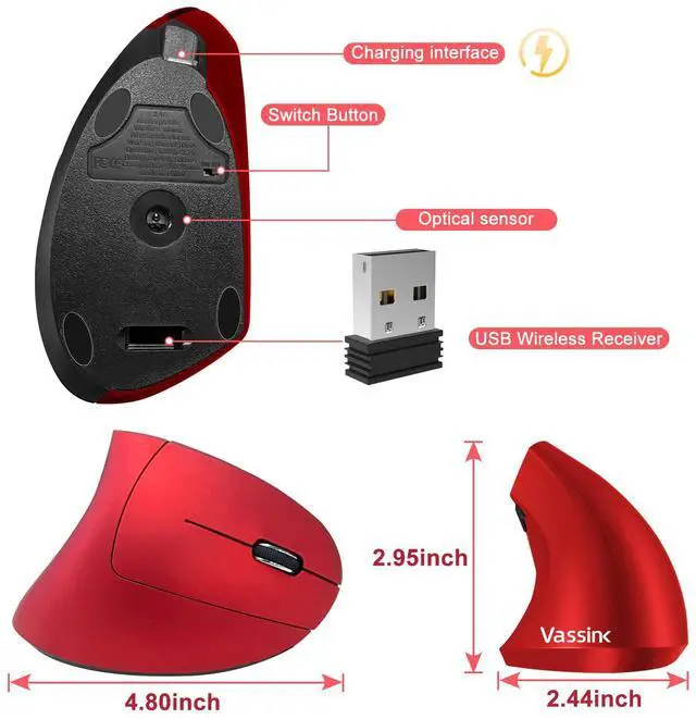Alt view image 5 of 6 - Ergonomic Mouse, Rechargeable Wireless Mouse, 2.4Ghz Rechargeable Wireless Vertical Optical Mice With Usb Receiver, 6 Buttons, 800/1200/1600 Dpi, For Laptop, Pc, Computer (Red)