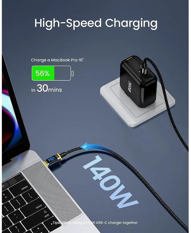 Alt view image 2 of 4 - Zell 140W Usb C To Usb C Cable With Display, Magline Usb C Cable Nylon 4Ft Type C Fast Charging Cable Cord Compatible With Iphone 15 Pro Max, Galaxy, Macbook Pro/Air, Ipad Pro/Air, Pixel And More