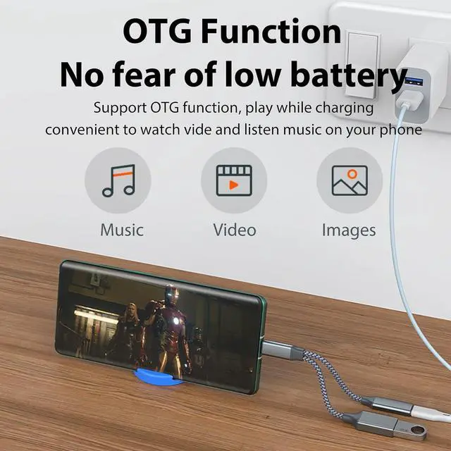 Alt view image 3 of 4 - Zell Usb C To Usb Adapter Otg And Charger Cable, 2 In 1 Usb-C Splitter With 10W Pd Charging Type C Otg And Usb A Female Port Compatible For Samsung S21/S20 Lg G8, Pixel4 Xl,Google Tv (Silver)