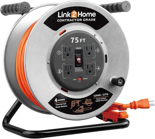 Zell Contractor Grade Retractable Extension Cord Reel 75 Ft. With 4 Outlets  & Heavy Duty/High Visibility 3-Prong Sjtw Cord 