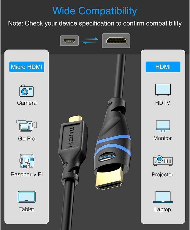 CableCreation Adaptador de cable micro HDMI a HDMI 4K, retorno de audio 3D  Ethernet 4K 60Hz, compatible con GoPro Hero 7/6/5, Raspberry Pi 4, A6000