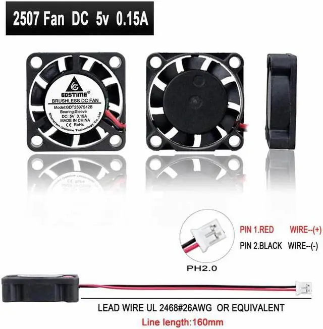 Alt view image 6 of 6 - 2 Pieces 5V 5 Volt 25mm 7mm 25x25x7mm 2507S Small Micro Blushless DC Cooling Fan 2pin 2.0