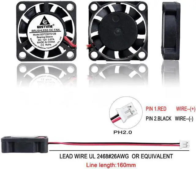 Alt view image 2 of 6 - 2 pcs DC Cooling Fan 25x25x7mm Micro Radiator 25x25mm 12V 2507 25mm x 7mm PH2.0 2 Pin Small Brushless Cooler