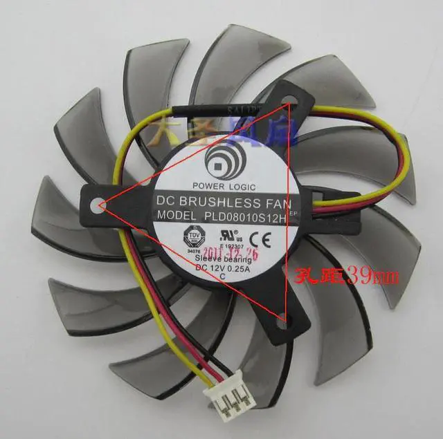 Alt view image 3 of 3 - for Gigabyte Graphics card cooling fan PLD08010S12H 12V 0.25A Diameter 74MM pitch 39MM 3 Lines