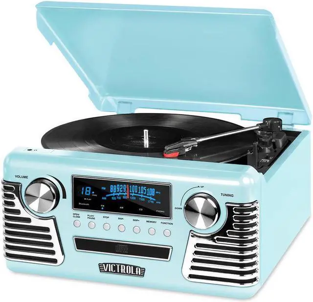 Alt view image 3 of 4 - victrola 50's retro 3speed bluetooth turntable with stereo, cd player and speakers, teal