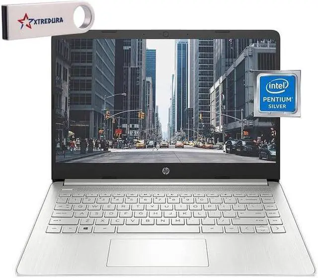 Main image of HP 14 Inch HD Student&Business Laptop, Intel Pentium N5030,4GB,128GB SSD, Intel UHD Graphics, Wifi, Bluetooth, Windows 11 Home, Silver/XTREDURA FLASH DRIVE