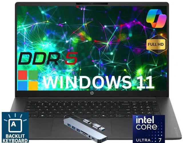 Main image of HP 17 Business AI PC Laptop 17.3" FHD IPS Display Intel Ultra 7 255U (Beats i7-13620H)Up to 5.2GHz 12 Core, 16GB DDR5, 512GB SSD, Wi-Fi 7,Backlit keyboard, Windows 11 Home/HUB