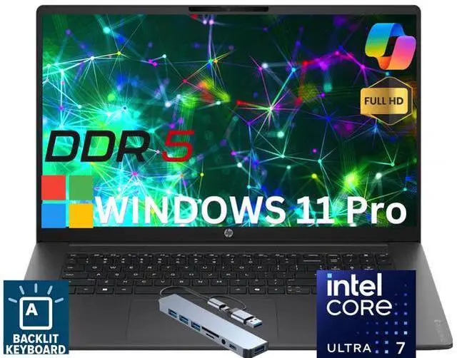 Main image of HP OmniBook3 17 AI PC Laptop 17.3" FHD IPS Display Intel Ultra 7 255U (Beats i7-13620H) Up to 5.2GHz 12 Core, 32GB DDR5, 512GB SSD, Wi-Fi 7,Backlit keyboard, Windows 11 Pro/HUB