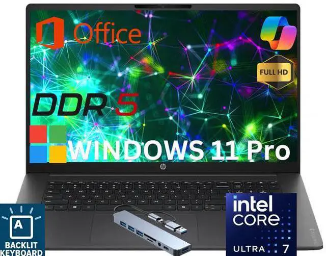 Main image of HP OmniBook3 17 AI PC Laptop 17.3" FHD IPS Display Intel Ultra 7 255U (Beats i7-13620H) Up to 5.2GHz 12 Core, 16GB DDR5, 512GB SSD, Wi-Fi 7,Backlit keyboard, Life Time Office Windows 11 Pro/HUB